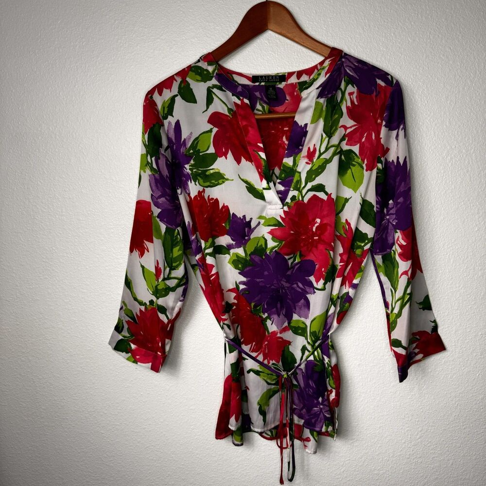 Lauren Ralph Lauren Women's Floral Tunic Top V Neck Casual Elegant Blouse M
